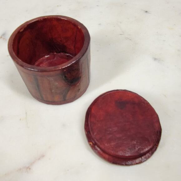 VTG Leather Box Lid 1.75" Brown Red Tooled Cylynder Storage Jar Travel - Picture 2 of 15